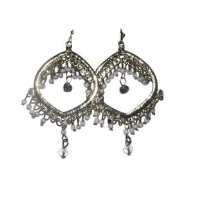 Gold Tone Hoop Dangle Earrings White Beads Clear Crystal Accents Fashion Jewelry